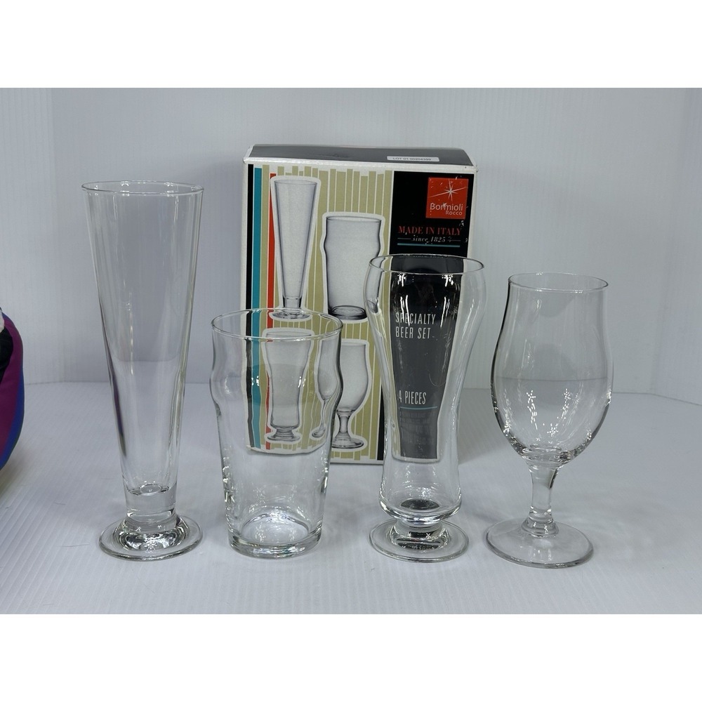 Bormioli Rocco Specialty Beer Set 4 Glasses Clear 1 Pilsner 1 Pub 1 Wheat 1 Ale